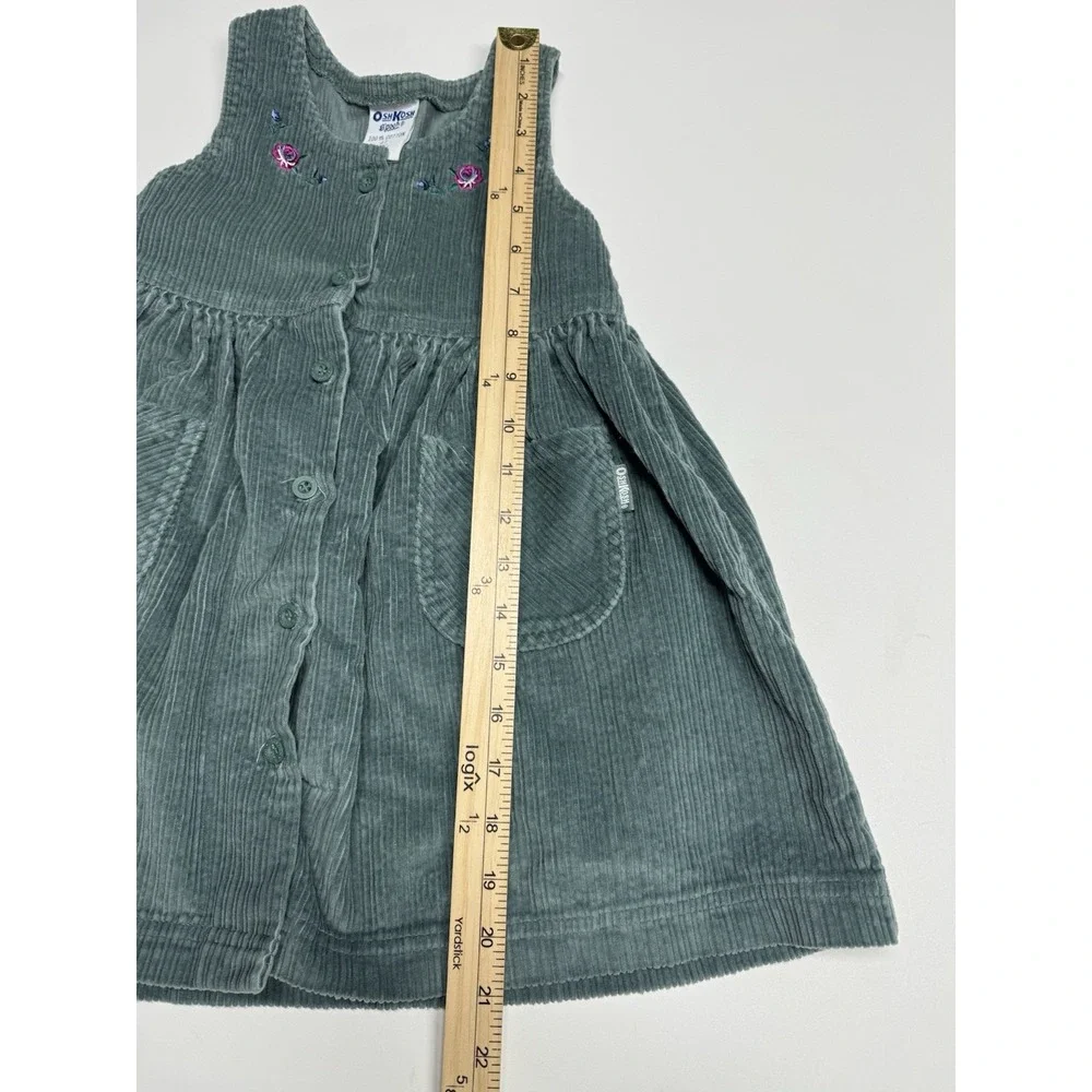 Vtg OshKosh BGosh Green Corduroy Jumper Dress Floral Embroidery Size 4T USA Made